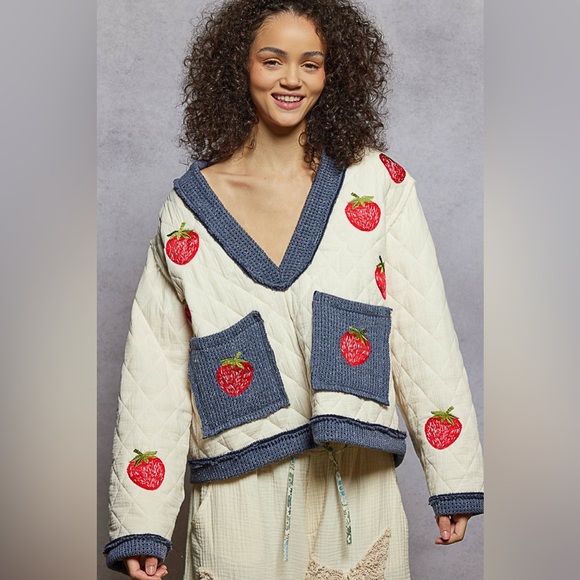 POL Sweaters - POL Cream and Blue Sweater with Strawberry Design